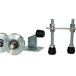 Kit  portón corredero 85Kg 2 ruedas, 2 guías con base y tope Ducasse